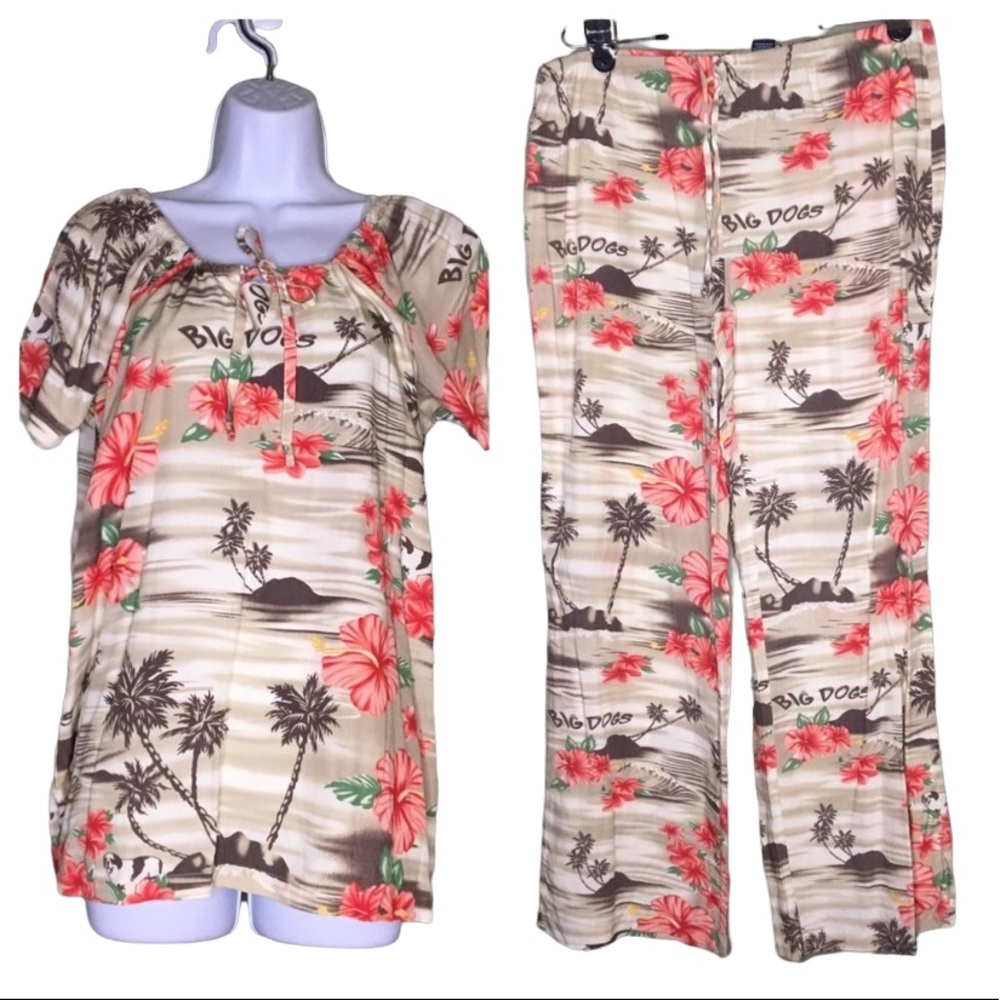 Big Dog Hawaiian 2 pc Lounge Wear Floral Palm Trees Vacation Soft Vintage Y2K M